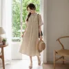 Beige checkered dress for women, summer slimming and form-fitting pure cotton short-sleeved A-line dress details Picture